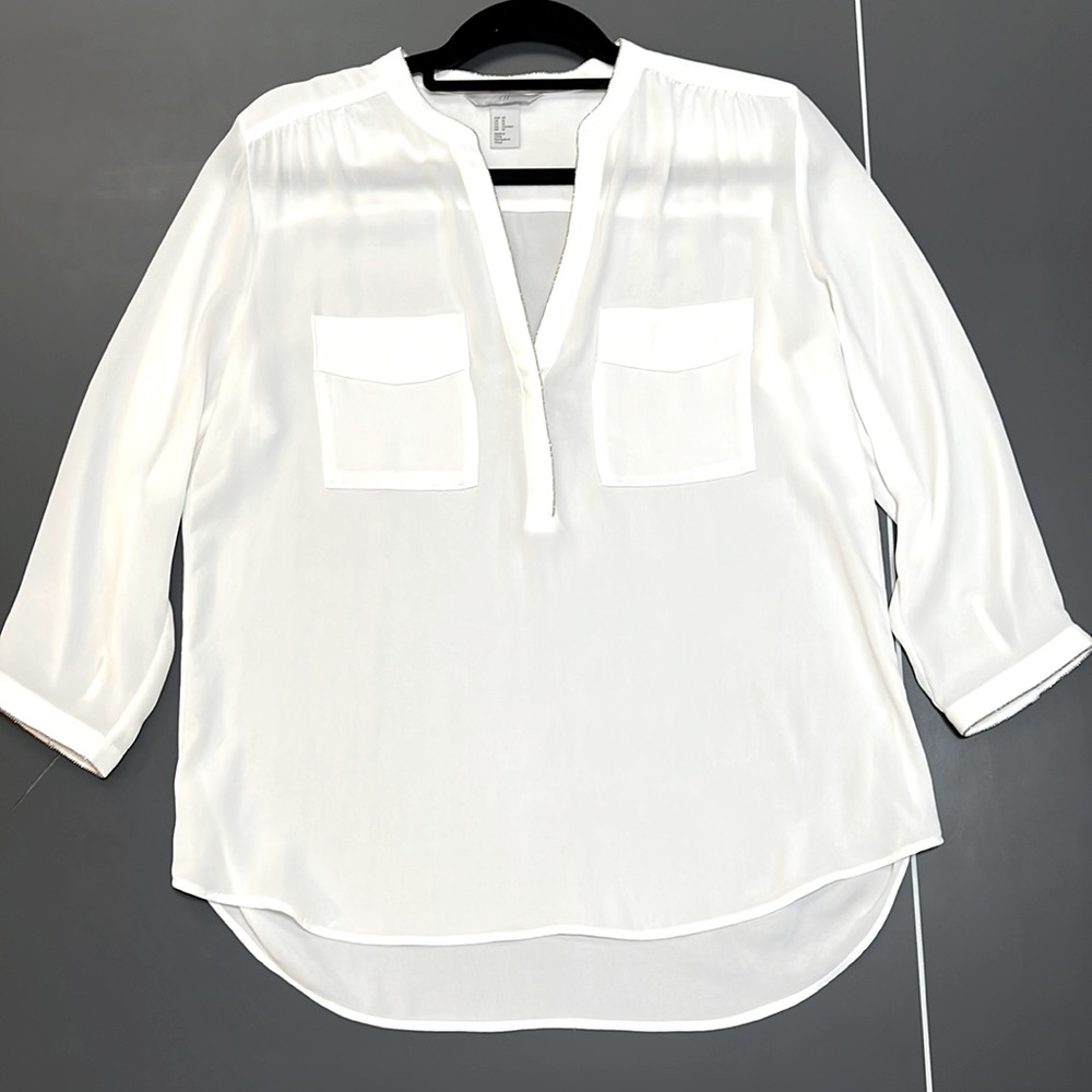 H&M White Sheer Blouse with three quarter sleeves and silver trim details